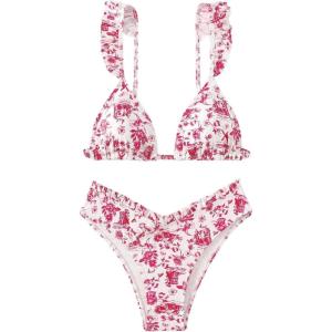 imageWomens 2 Piece Bikini Sets High Cut Ruffle Trim Triangle Floral Bathing Suit Wireless Tie Back SwimsuitRed