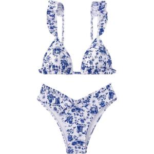 imageWomens 2 Piece Bikini Sets High Cut Ruffle Trim Triangle Floral Bathing Suit Wireless Tie Back SwimsuitRoyal Blue