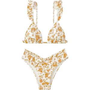 imageWomens 2 Piece Bikini Sets High Cut Ruffle Trim Triangle Floral Bathing Suit Wireless Tie Back SwimsuitYellow