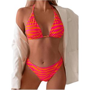 imageWomens 2 Piece Bikini Sets Striped Halter Tie Swimsuit Bathing Suit BeachwearOrange