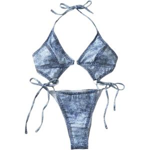 imageWomens 2 Piece Denim Print String Bikini Sets Backless Halter Triangle Bathing Suit SwimsuitsLight Blue