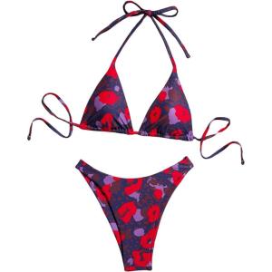 imageWomens 2 Piece Floral Bathing Suit Set Summer Tie Backless Halter Swimsuit Sexy High Cut Bikini SetsMulticolor