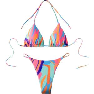 imageWomens 2 Piece High Cut Bikini Sets Halter Triangle String Bathing Suit Allover Printed SwimsuitMulticolor