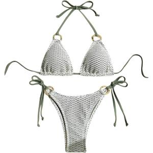 imageWomens 2 Piece Hollow String Bikini Sets Ring Pendant Halter Triangle Swimsuit Padded Bathing SuitMulticolor