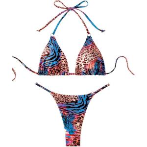 imageWomens 2 Piece Leopard Animal Print Bikini Sets Halter Tie String Swimsuits High Cut Sexy Bathing SuitsBlue and Brown