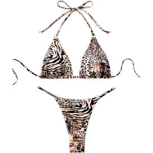 imageWomens 2 Piece Leopard Animal Print Bikini Sets Halter Tie String Swimsuits High Cut Sexy Bathing SuitsBrown