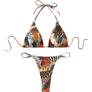 imageWomens 2 Piece Leopard Animal Print Bikini Sets Halter Tie String Swimsuits High Cut Sexy Bathing SuitsLeopard Multicolor