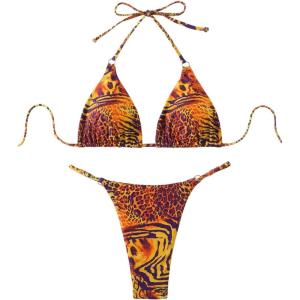imageWomens 2 Piece Leopard Animal Print Bikini Sets Halter Tie String Swimsuits High Cut Sexy Bathing SuitsOrange Leopard
