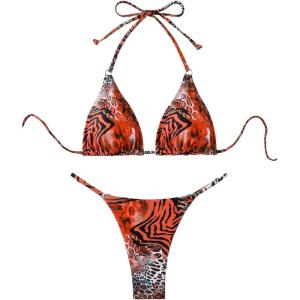 imageWomens 2 Piece Leopard Animal Print Bikini Sets Halter Tie String Swimsuits High Cut Sexy Bathing SuitsRed Leopard
