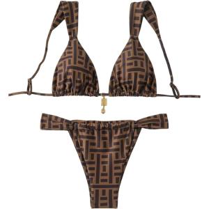 imageWomens 2 Piece Leopard Floral Bathing Suit Wireless Triangle Swimsuit High Waisted Bikini SetsBrown