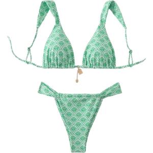 imageWomens 2 Piece Leopard Floral Bathing Suit Wireless Triangle Swimsuit High Waisted Bikini SetsGreen