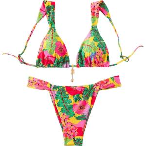 imageWomens 2 Piece Leopard Floral Bathing Suit Wireless Triangle Swimsuit High Waisted Bikini SetsGreen and Pink