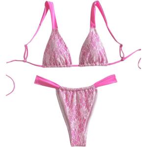 imageWomens 2 Piece Leopard Floral Bathing Suit Wireless Triangle Swimsuit High Waisted Bikini SetsLace Pink