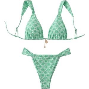 imageWomens 2 Piece Leopard Floral Bathing Suit Wireless Triangle Swimsuit High Waisted Bikini SetsLight Green