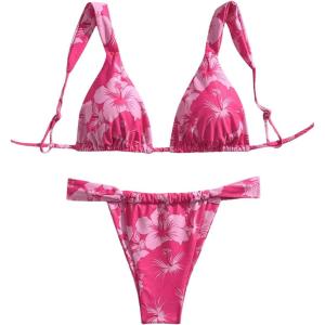 imageWomens 2 Piece Leopard Floral Bathing Suit Wireless Triangle Swimsuit High Waisted Bikini SetsLight Pink