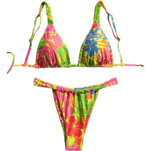 imageWomens 2 Piece Leopard Floral Bathing Suit Wireless Triangle Swimsuit High Waisted Bikini SetsOrange and Green