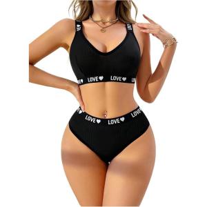 imageWomens 2 Piece Letter Graphic Lingerie Set V Neck Wireless Bra and Panty Sets Soft UnderwearBlack