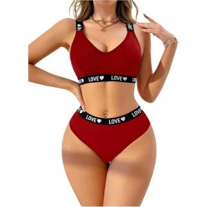 imageWomens 2 Piece Letter Graphic Lingerie Set V Neck Wireless Bra and Panty Sets Soft UnderwearBurgundy