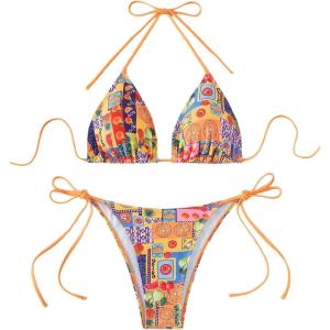 imageWomens 2 Piece Swimsuits Fruit Graphic Halter Triangle Tie Side Thong Bikinis Cheeky Bathing SuitOrange