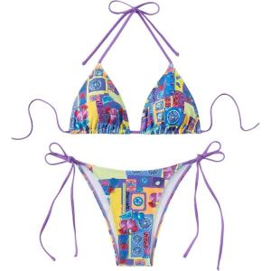 imageWomens 2 Piece Swimsuits Fruit Graphic Halter Triangle Tie Side Thong Bikinis Cheeky Bathing SuitPurple