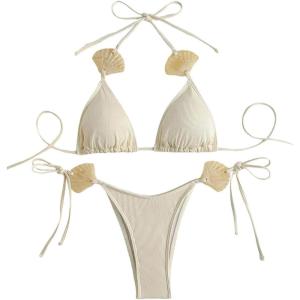 imageWomens 2 Piece Swimsuits Shell High Cut Halter Triangle String Boho Bikini Bathing SuitBeige
