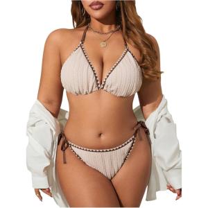 imageWomens 2 Piece Textured Color Block Swimsuit Halter Backless Bathing Suit Tie Side Thongs Bikini SetsPure Beige