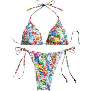 imageWomens 2 Pieces Bikini Set Floral Halter Swimsuit Tie Side Swimwear Graphic BeachwearMulticolor