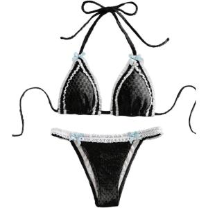 imageWomens 2 Pieces Lace Trim Swimwear Set Bow Knot Halter Swimsuit Backless High Waist BikiniBlack