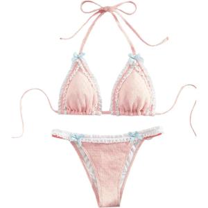imageWomens 2 Pieces Lace Trim Swimwear Set Bow Knot Halter Swimsuit Backless High Waist BikiniPink