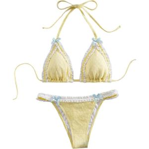 imageWomens 2 Pieces Lace Trim Swimwear Set Bow Knot Halter Swimsuit Backless High Waist BikiniYellow