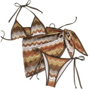 imageWomens 3 Piece Swimsuits Colorblock Halter Triangle Tie Knot Side Bikini Set with Cover Up SkirtBrown