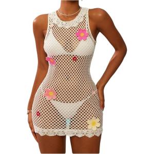 imageWomens 3D Floral Crochet Cover Up Dress Lace See Through Mini Tank Dresses SwimwearWhite
