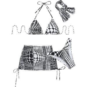 imageWomens 4 Piece Swimsuits Halter Triangle Bikini Sets Bathing Suit with Mesh Cover Up Skirt ampamp BandanaBlack and White