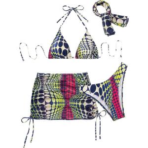 imageWomens 4 Piece Swimsuits Halter Triangle Bikini Sets Bathing Suit with Mesh Cover Up Skirt ampamp BandanaBlue and Green