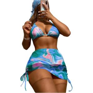 imageWomens 4 Piece Swimsuits Halter Triangle Bikini Sets Bathing Suit with Mesh Cover Up Skirt ampamp BandanaBlue and Pink