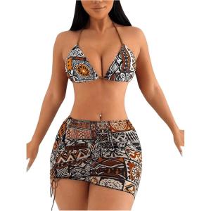 imageWomens 4 Piece Swimsuits Halter Triangle Bikini Sets Bathing Suit with Mesh Cover Up Skirt ampamp BandanaBrown Printed
