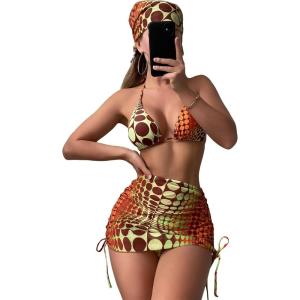 imageWomens 4 Piece Swimsuits Halter Triangle Bikini Sets Bathing Suit with Mesh Cover Up Skirt ampamp BandanaBurnt Orange