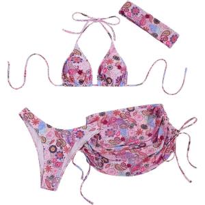 imageWomens 4 Piece Swimsuits Halter Triangle Bikini Sets Bathing Suit with Mesh Cover Up Skirt ampamp BandanaFloral Pink