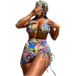 imageWomens 4 Piece Swimsuits Halter Triangle Bikini Sets Bathing Suit with Mesh Cover Up Skirt ampamp BandanaGreen and Blue