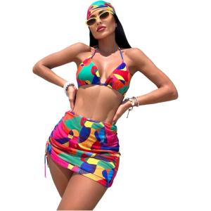 imageWomens 4 Piece Swimsuits Halter Triangle Bikini Sets Bathing Suit with Mesh Cover Up Skirt ampamp BandanaMix Green