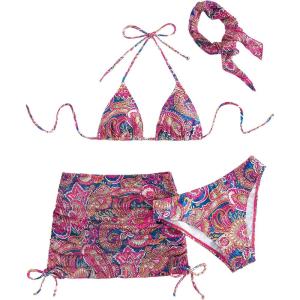 imageWomens 4 Piece Swimsuits Halter Triangle Bikini Sets Bathing Suit with Mesh Cover Up Skirt ampamp BandanaPink and Blue