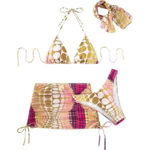 imageWomens 4 Piece Swimsuits Halter Triangle Bikini Sets Bathing Suit with Mesh Cover Up Skirt ampamp BandanaYellow