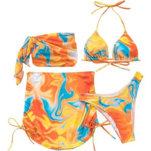 imageWomens 4 Piece Swimsuits Halter Triangle Bikini Sets Bathing Suit with Mesh Cover Up Skirt ampamp BandanaYellow and Blue
