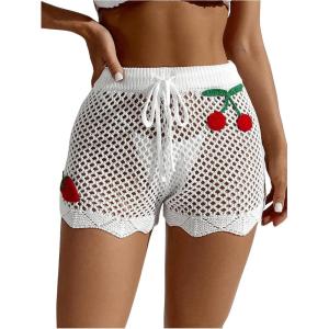 imageWomens Appliques Drawstring Waist Crochet Knit Cover Up Beach Shorts Hollow Out Sheer Swimwear ShortsWhite
