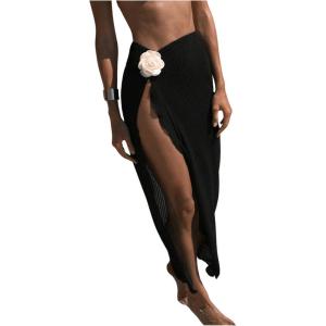 imageWomens Beach Cover Up Skirt 3D Flower Crochet Out High Split Swimsuit Bathing Suit Beach SkirtBlack