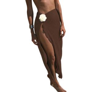 imageWomens Beach Cover Up Skirt 3D Flower Crochet Out High Split Swimsuit Bathing Suit Beach SkirtDark Brown