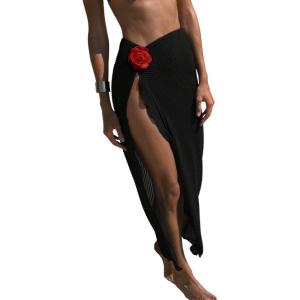imageWomens Beach Cover Up Skirt 3D Flower Crochet Out High Split Swimsuit Bathing Suit Beach SkirtPlain Black