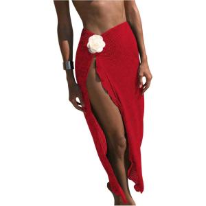 imageWomens Beach Cover Up Skirt 3D Flower Crochet Out High Split Swimsuit Bathing Suit Beach SkirtPure Red