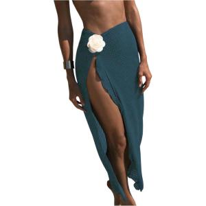 imageWomens Beach Cover Up Skirt 3D Flower Crochet Out High Split Swimsuit Bathing Suit Beach SkirtTeal Blue