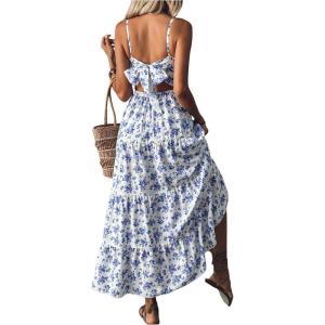 imageWomens Boho Floral Bowknot Back Ruffle Layered Dress V Neck Sleeveless Vacation Flowy Maxi DressesBlue